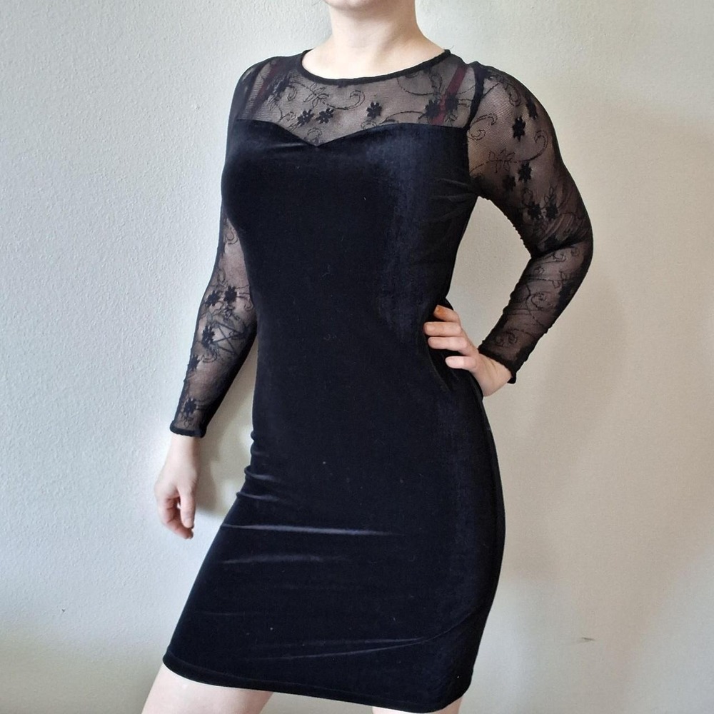 Vintage 90s Black Velvet Long Sleeve Bodycon Mini Dress‎ S M